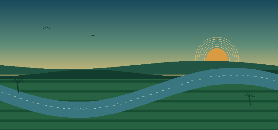 Animated illustration of a helicopter flying over Bangladeshi rice paddies and a river at sunrise